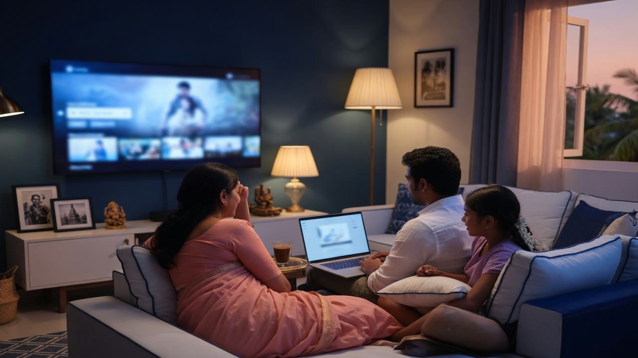 A family at home streaming on their sofa