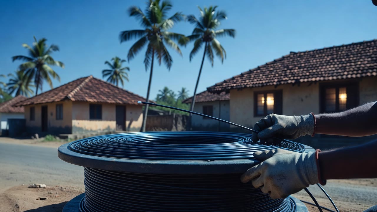 A technician handling fibre cable from a drum